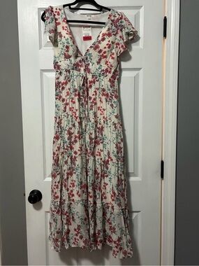 Cream Floral Maxi Dress with Pink & Green Print